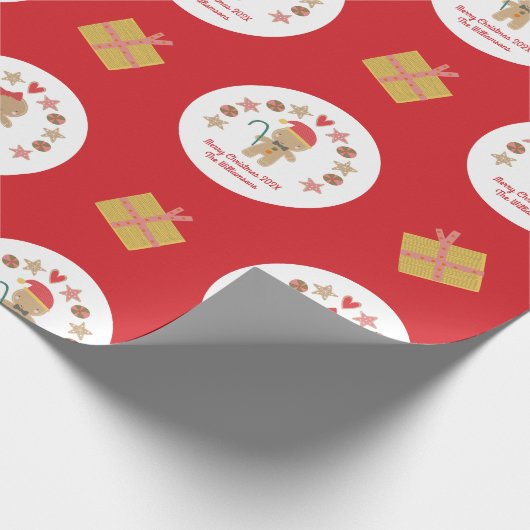 Red Gingerbread Cookie Script Aangepaste naam Scha Cadeaupapier (Hoek)