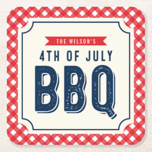 Red Gingham and Blue 4 juli BBQ Vierkante Kartonnen Onderzetter