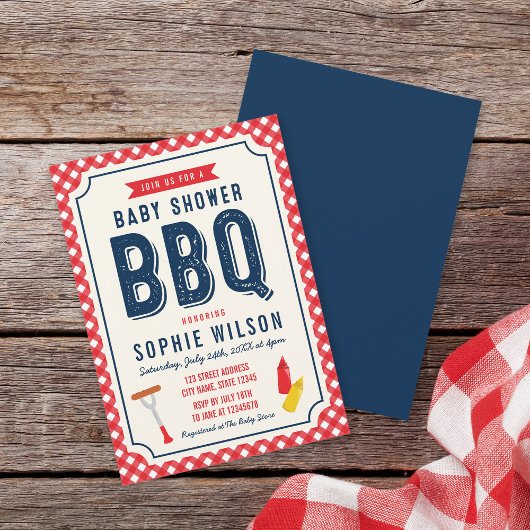 Red Gingham and Blue Baby shower BBQ Kaart