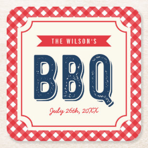 Red Gingham and Blue Summer BBQ Vierkante Kartonnen Onderzetter