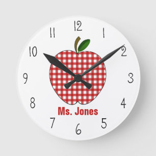 Red Gingham Apple Teacher Clock Ronde Klok