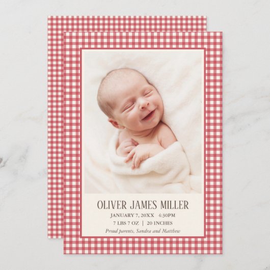 Red Gingham Baby Geboortekaart Fotokaart Aankondiging (Voorkant / Achterkant)