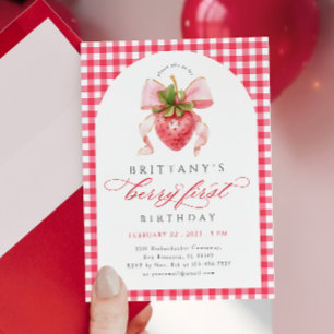 Red Gingham Berry eerste verjaardag uitnodiging