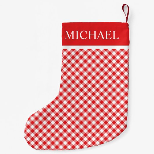 Red Gingham Buffalo Check Custom Name Monogram Kleine Kerstsok (Achterkant)