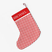 Red Gingham Buffalo Check Custom Name Monogram Kleine Kerstsok (Achterkant (Hangend))