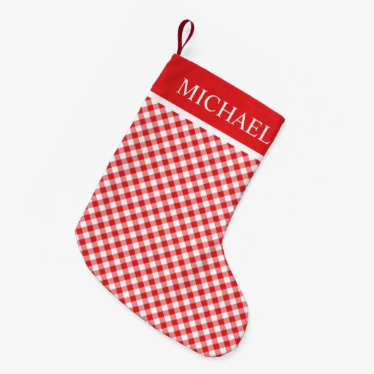 Red Gingham Buffalo Check Custom Name Monogram Kleine Kerstsok (Voorkant (Hangend))