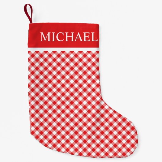 Red Gingham Buffalo Check Custom Name Monogram Kleine Kerstsok (Voorkant)