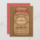 Red Gingham & Burlap Mason Jar Bewaar de datum Aankondigingskaart (Voorkant / Achterkant)