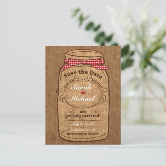 Red Gingham & Burlap Mason Jar Bewaar de datum Aankondigingskaart (Staand voorkant)