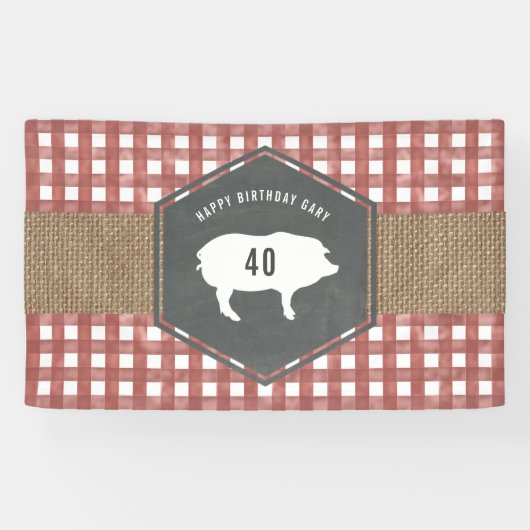 Red Gingham Burlap Pig Birthday Bbq Spandoek (Horizontaal)