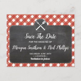 Red Gingham Chalk BBQ The Date Wedding Card Red Save The Date