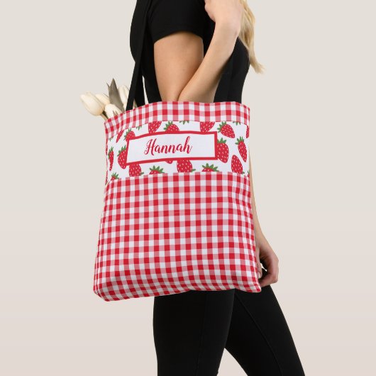 Red Gingham Check and Strawberries Monogrammed Draagtas (Dichtbij)