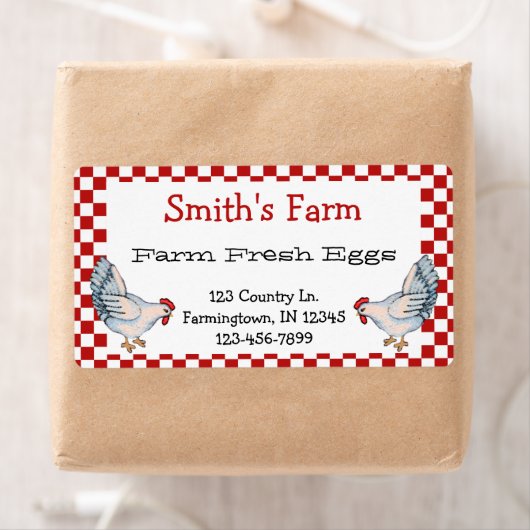 Red Gingham Check Boerderij Fresh Eggickens Label (Insitu)