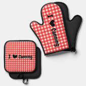 Red Gingham Check I Heart Canning Jar Ovenwant & Pannenlap Set (Voorkant / Achterkant)