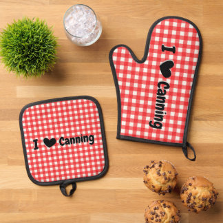 Red Gingham Check I Heart Canning Jar Ovenwant & Pannenlap Set