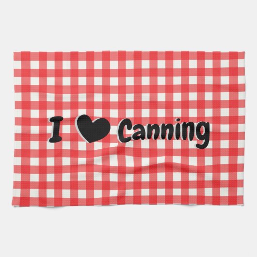 Red Gingham Check Pattern I Heart Canning Theedoek (Horizontaal)