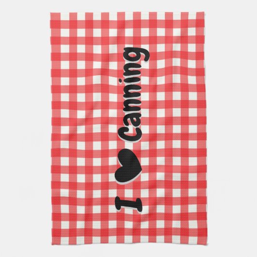 Red Gingham Check Pattern I Heart Canning Theedoek (Verticaal)