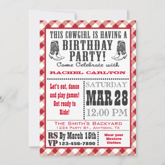 Red Gingham Cowgirl Uitnodiging (Voorkant)