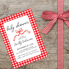 Red Gingham Cute Bow Handwriting Baby Shower Kaart