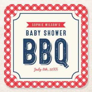 Red Gingham en Blue Baby shower BBQ Party Vierkante Kartonnen Onderzetter