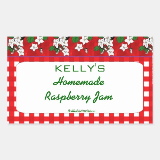 Red gingham floral raspberry jam gelei label (Voorkant)