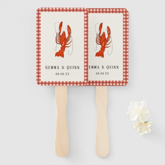 Red Gingham gekookte rivierkreeft Cajun zomer Handwaaier (Voorkant en achterkant)