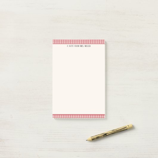 Red Gingham Gepersonaliseerde Leraar Post-it® Notes (Op bureau)