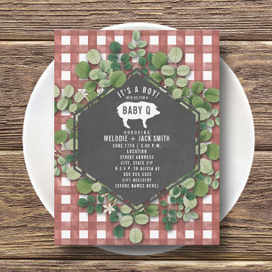 Red Gingham Greenery Baby Q Baby shower Kaart