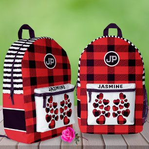 Red Gingham Heart Aangepaste naam Linkshandige Sch Bedrukte Rugzak