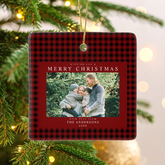 Red Gingham Kerstfoto Keramisch Ornament