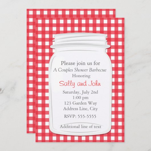 Red Gingham Mason Jar Country Picnic Zomer Uitnodi Kaart (Voorkant / Achterkant)