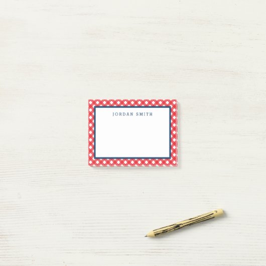Red Gingham met blauwe grens Post-it® Notes (Op bureau)