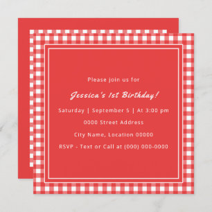 Red Gingham Monogram Birthday Party Kaart