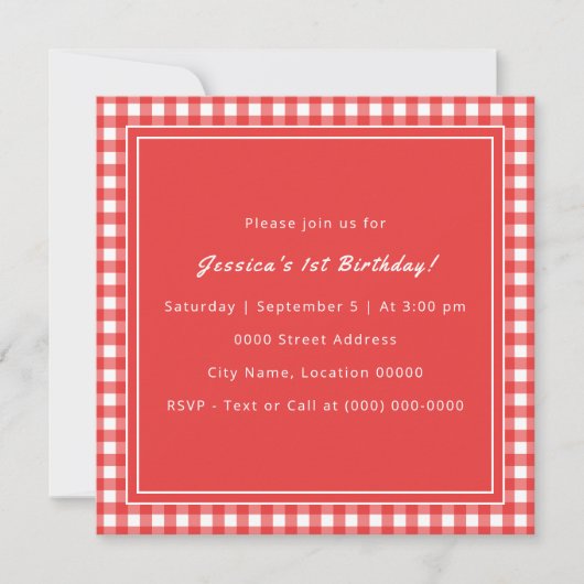 Red Gingham Monogram Verjaardagsfeest Kaart (Voorkant)