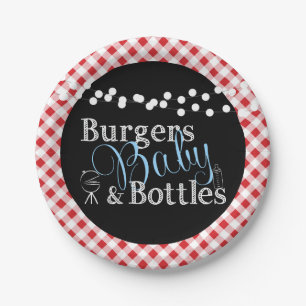 Red Gingham Picnic Babyq BBQ Boy Baby shower Papieren Bordje