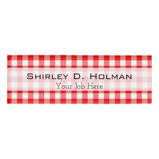 Red gingham picnic tablecloth print naambadge (Voorkant)