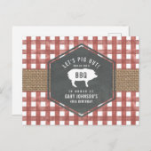 Red Gingham Pig Burlap Birthday Bbq Briefkaart (Voorkant / Achterkant)