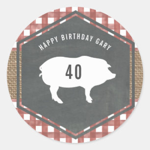 Red Gingham Pig Burlap Birthday Bbq Ronde Sticker