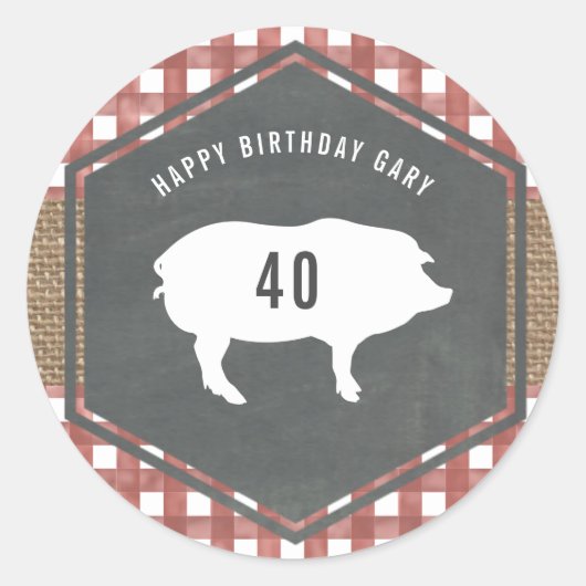 Red Gingham Pig Burlap Birthday Bbq Ronde Sticker (Voorkant)