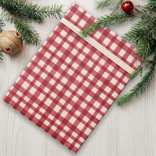 Red Gingham Plaid Traditionele Minimale Kerstmis Cadeaupapier
