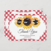 Red Gingham Rustic Sunflower Wedding Bedankkaart (Voorkant / Achterkant)