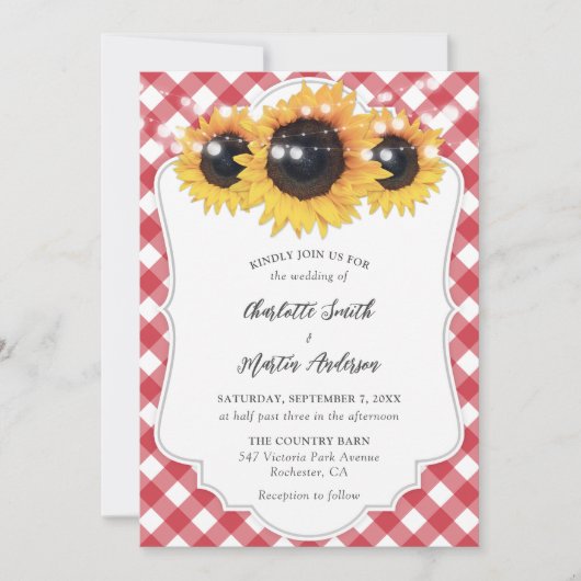 Red Gingham Rustic Sunflower Wedding Kaart (Voorkant)