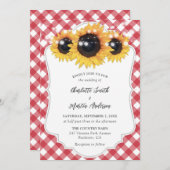 Red Gingham Rustic Sunflower Wedding Kaart (Voorkant / Achterkant)