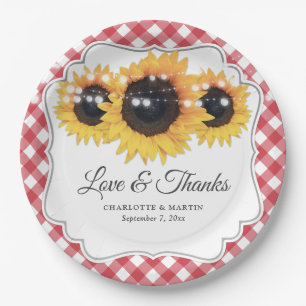Red Gingham Sunflower Love and Bedankt Wedding Papieren Bordje