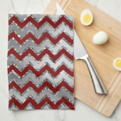 Red Glam Silver White Zigzag Stripes Theedoek (Quarter Fold)
