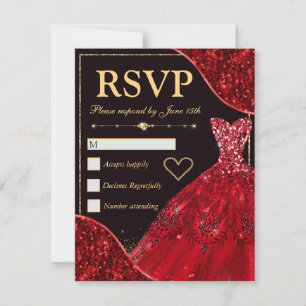 Red Glam Waves & Glitter Dress Sweet Sixteen RSVP Kaartje