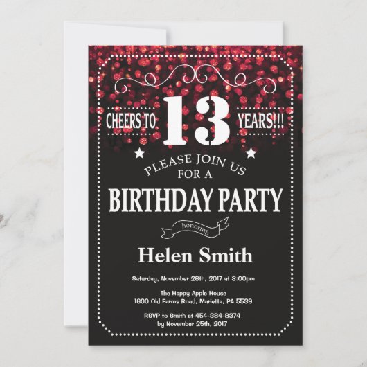 Red Glitter 13th Birthday Invitation Kaart (Voorkant)