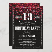 Red Glitter 13th Birthday Invitation Kaart (Voorkant / Achterkant)