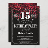 Red Glitter 15th Birthday Invitation Kaart (Voorkant / Achterkant)