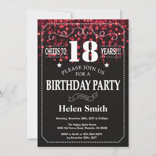 Red Glitter 18th Birthday Invitation Kaart (Voorkant)
